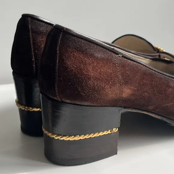 1970s GUCCI Brown Suede Shoes Heels Loafers Block Heel GOLD ROPE US 6.5 7 EU 37