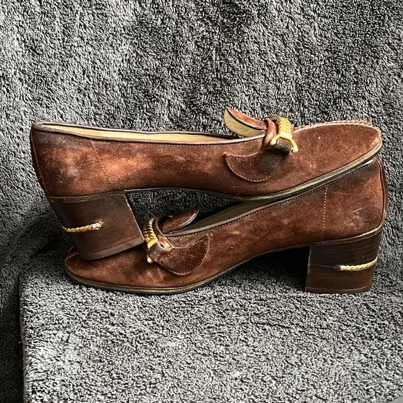 1970s GUCCI Brown Suede Shoes Heels Loafers Block Heel GOLD ROPE US 6.5 7 EU 37