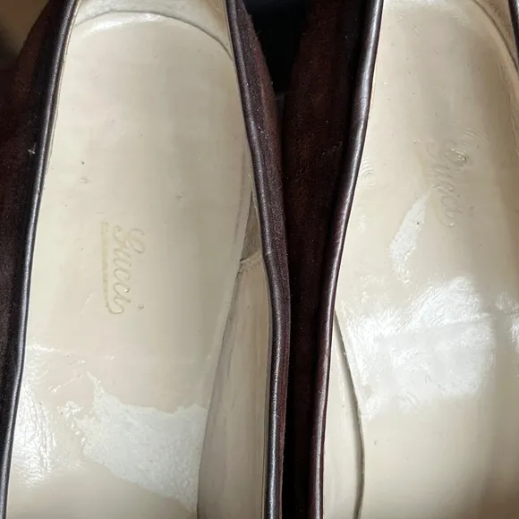 1970s GUCCI Brown Suede Shoes Heels Loafers Block Heel GOLD ROPE US 6.5 7 EU 37