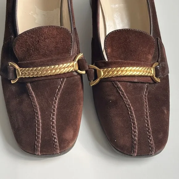 1970s GUCCI Brown Suede Shoes Heels Loafers Block Heel GOLD ROPE US 6.5 7 EU 37