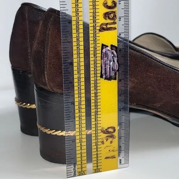 1970s GUCCI Brown Suede Shoes Heels Loafers Block Heel GOLD ROPE US 6.5 7 EU 37