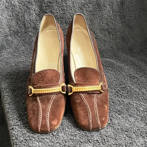 1970s GUCCI Brown Suede Shoes Heels Loafers Block Heel GOLD ROPE US 6.5 7 EU 37