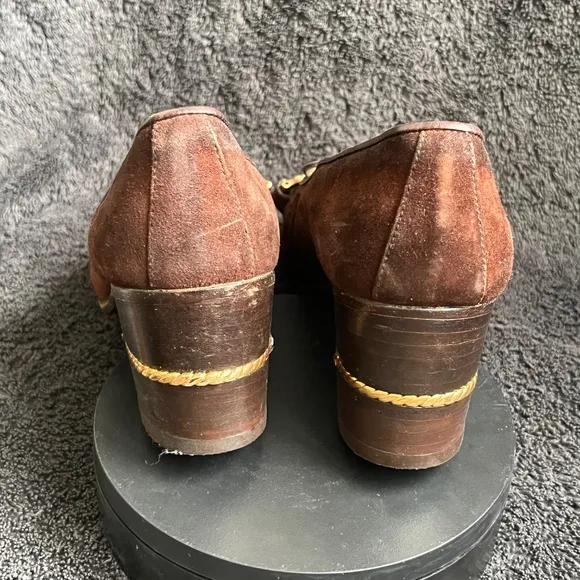1970s GUCCI Brown Suede Shoes Heels Loafers Block Heel GOLD ROPE US 6.5 7 EU 37