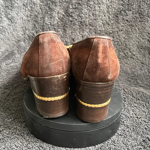 1970s GUCCI Brown Suede Shoes Heels Loafers Block Heel GOLD ROPE US 6.5 7 EU 37