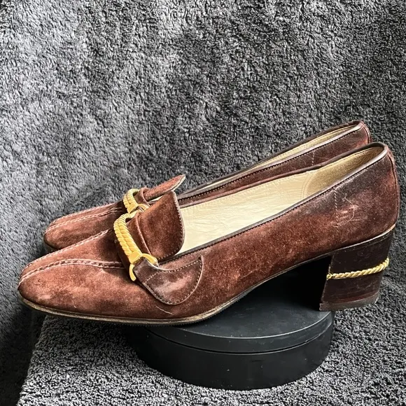 1970s GUCCI Brown Suede Shoes Heels Loafers Block Heel GOLD ROPE US 6.5 7 EU 37