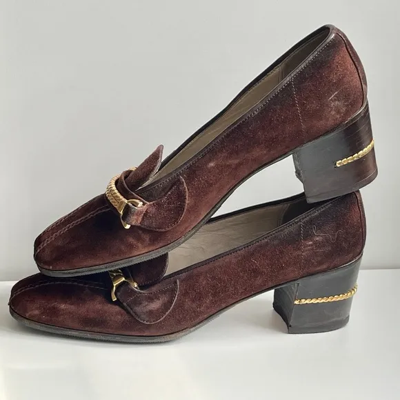 1970s GUCCI Brown Suede Shoes Heels Loafers Block Heel GOLD ROPE US 6.5 7 EU 37