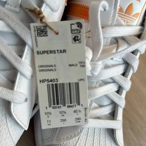 Adidas Superstar Mens 11 Casual Retro Shoe White Orange Sneaker Trainer NWOB