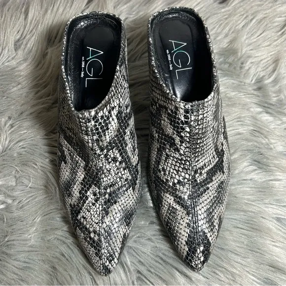 AGL POINTY TOE MULES GRISU SNAKE PRINT LEATHER  SLIP ON Sz US 8 / EU 38