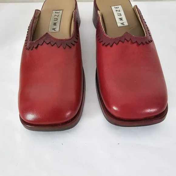 Amuze from Anthropologie Red Leather Slip-On Clog Shoes Square Toe Scalloped 6