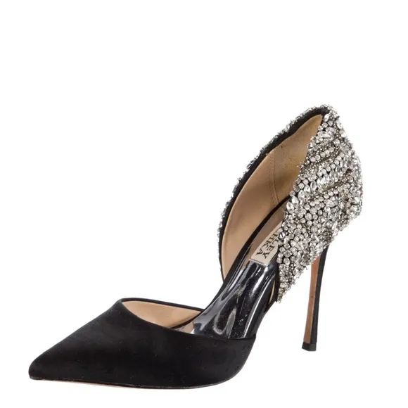 Badgley Mischka Volare Black Satin Crystal Embellished Stiletto Heels US5.5