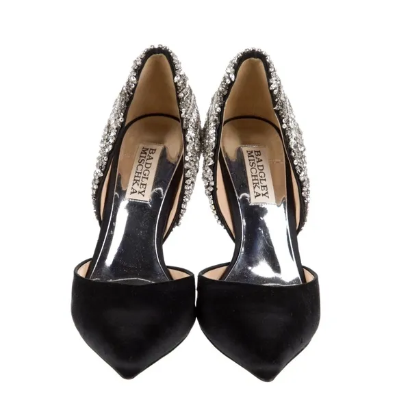 Badgley Mischka Volare Black Satin Crystal Embellished Stiletto Heels US5.5