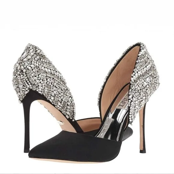 Badgley Mischka Volare Black Satin Crystal Embellished Stiletto Heels US5.5