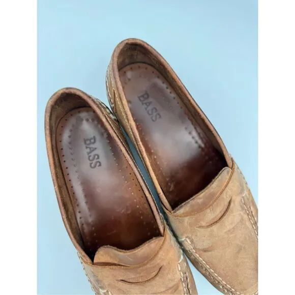 Bass Mens Brown Leather Slip On Round Toe Cork Heel Penny Loafer Shoes Size 11M