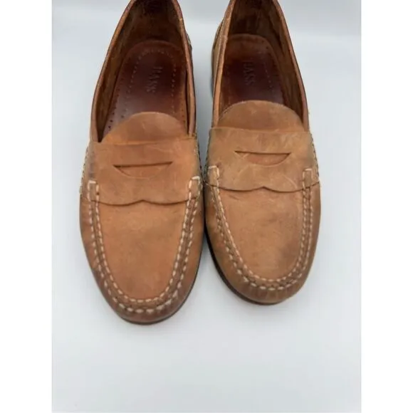 Bass Mens Brown Leather Slip On Round Toe Cork Heel Penny Loafer Shoes Size 11M