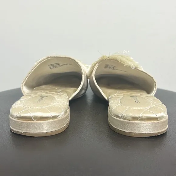Birdies Champagne Pale Gold Dupioni Satin Pom Poms Songbird Slip On Mules 8.5