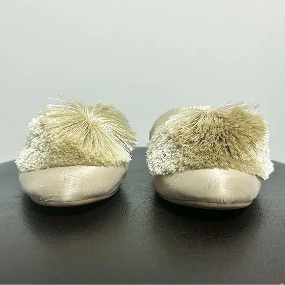 Birdies Champagne Pale Gold Dupioni Satin Pom Poms Songbird Slip On Mules 8.5