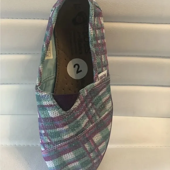 BOBS by Skechers Slip On Casual Shoes Purple Plaid Girls 2 Kids MSRP $45 NEW