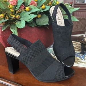 Brand New Life Stride Flex Black Fabric Stretch Fly Knit Slingback Heels Sandals
