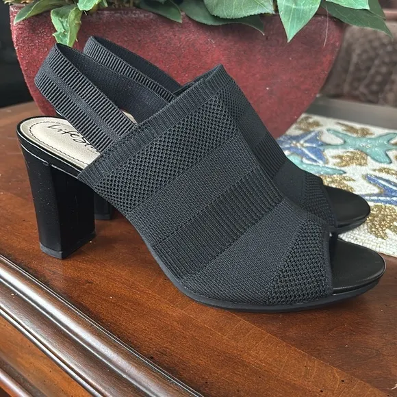 Brand New Life Stride Flex Black Fabric Stretch Fly Knit Slingback Heels Sandals