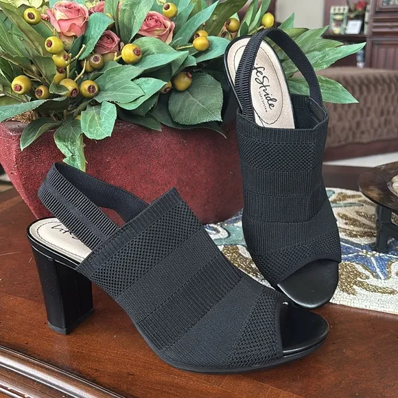 Brand New Life Stride Flex Black Fabric Stretch Fly Knit Slingback Heels Sandals