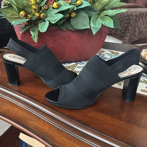 Brand New Life Stride Flex Black Fabric Stretch Fly Knit Slingback Heels Sandals