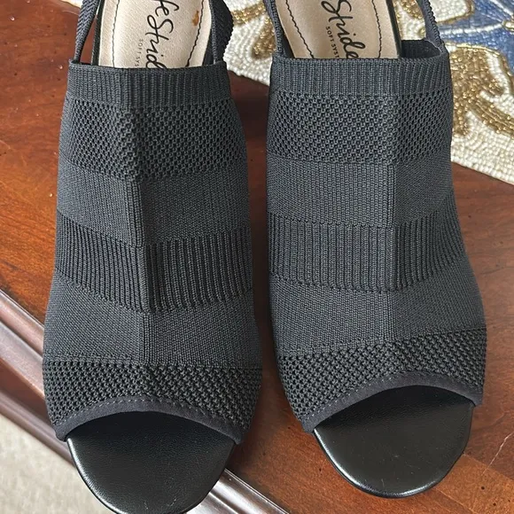 Brand New Life Stride Flex Black Fabric Stretch Fly Knit Slingback Heels Sandals