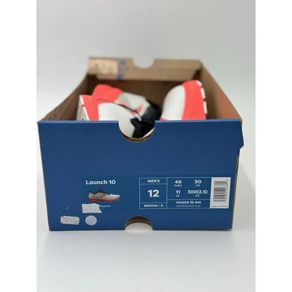 Brooks Men’s Launch 10 Running Shoes White/Black Fiery Coral New W Box Size 12