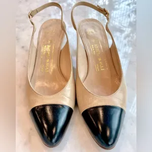 Bruno Magli vintage tan&amp;black leather cap toe slingbacks, 7N*, Made in Italy