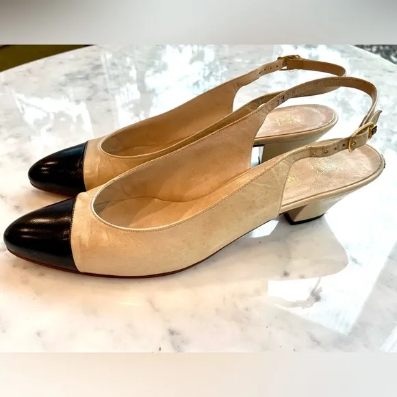 Bruno Magli vintage tan&amp;black leather cap toe slingbacks, 7N*, Made in Italy