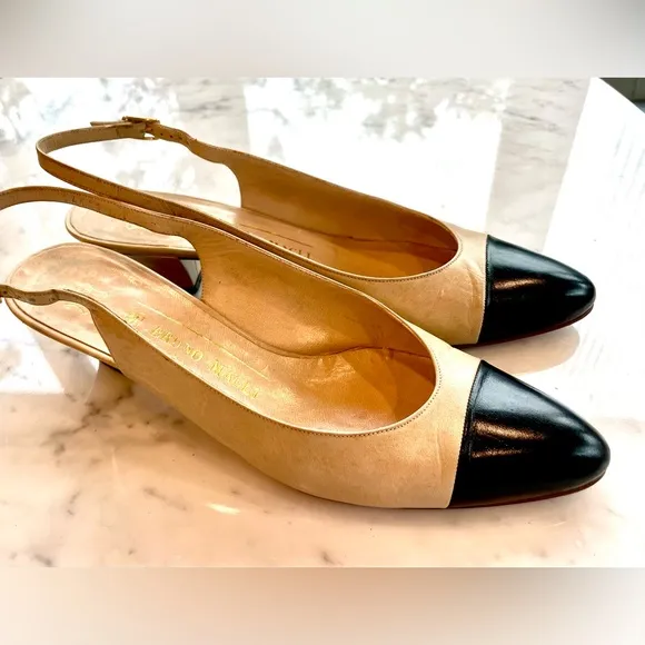 Bruno Magli vintage tan&amp;black leather cap toe slingbacks, 7N*, Made in Italy