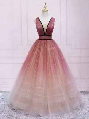 Burgundy v neck tulle sequin long prom dress burgundy tulle formal dress