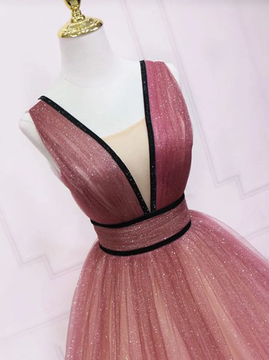 Burgundy v neck tulle sequin long prom dress burgundy tulle formal dress