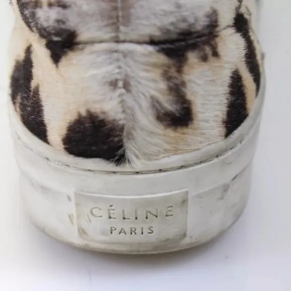 Celine Womens Ponyhair Cheetah Print Slip On Sneakers Beige Black 7.5US 37.5EU