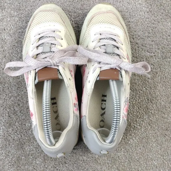 Coach C118 Floral Lace Up Sneakers Womens Size 7.5 Shoes Low Top Gray Pink