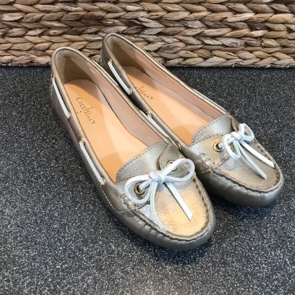 Cole Haan White &amp; Gold Tali Boat Shoes Brand New