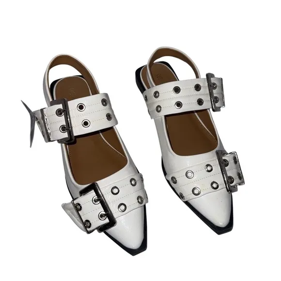 CUSHIONAIRE Women's White Studded Rivets Buckle Pointed Toe Mary Jane Shoes Goth