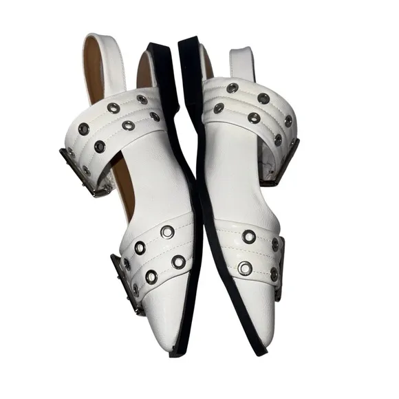 CUSHIONAIRE Women's White Studded Rivets Buckle Pointed Toe Mary Jane Shoes Goth
