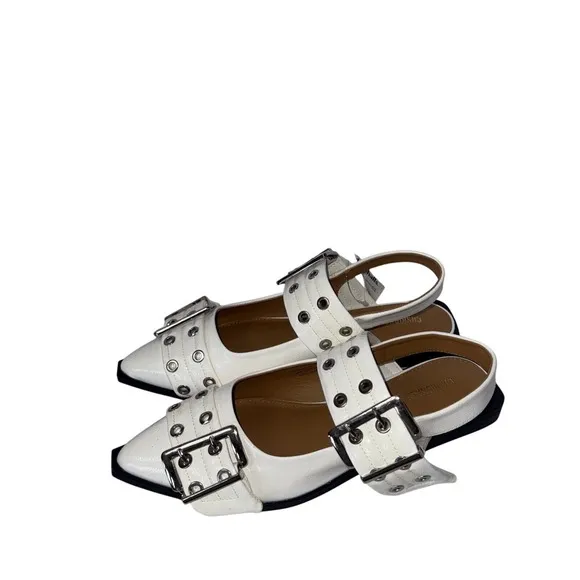 CUSHIONAIRE Women's White Studded Rivets Buckle Pointed Toe Mary Jane Shoes Goth