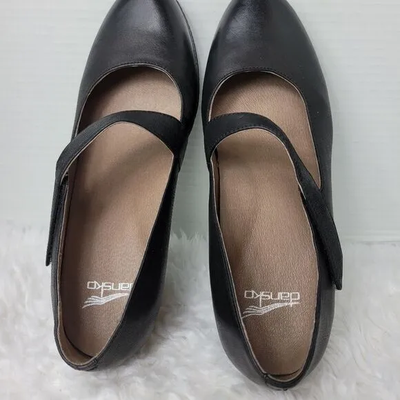 Dansko Larie  Womens Size 10.5  Slip On Shoes  Black Leather  Mary Jane Wedge