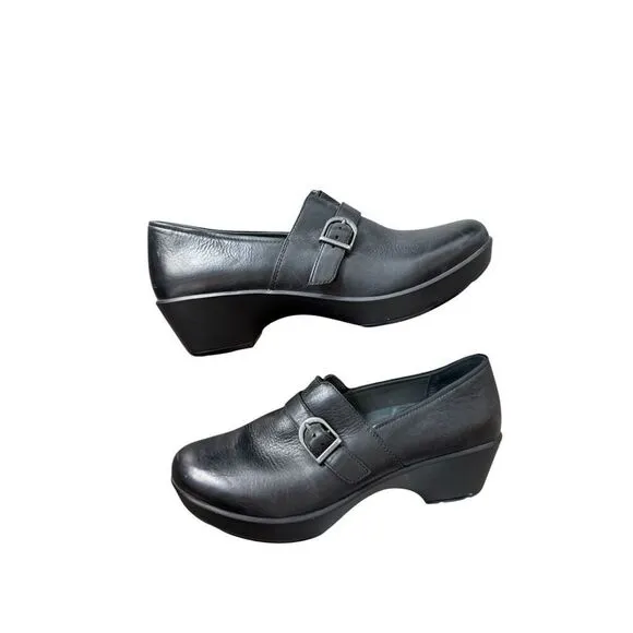 Dansko Womens Black Jane Full Grain Leather Slip On Heeled Clog Shoes Size 39