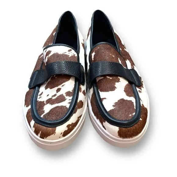 Donald J. Pliner Richie Calf Hair Slip-On Sneaker Shoes Brown White Cow Print