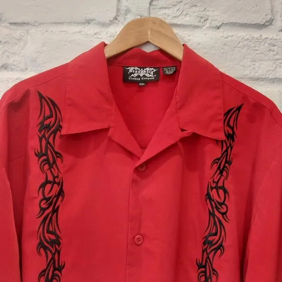 Dragonfly Bowling Camp Shirt Mens XXL Red Black Embroidery Loop Collar Short Slv