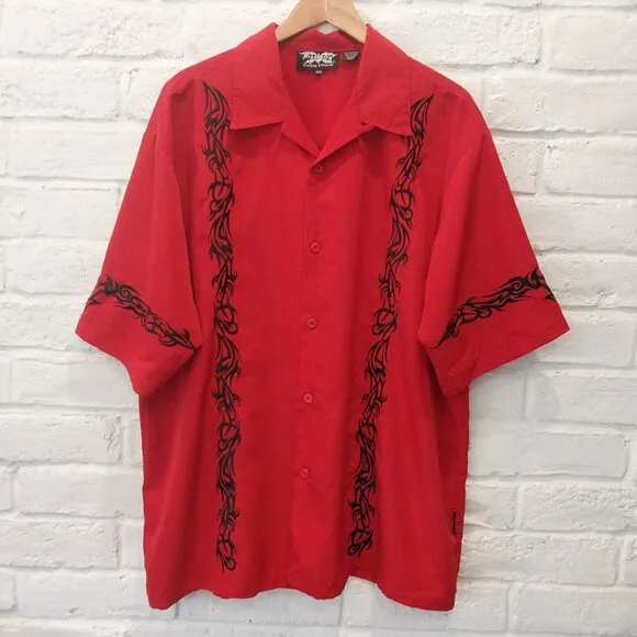 Dragonfly Bowling Camp Shirt Mens XXL Red Black Embroidery Loop Collar Short Slv