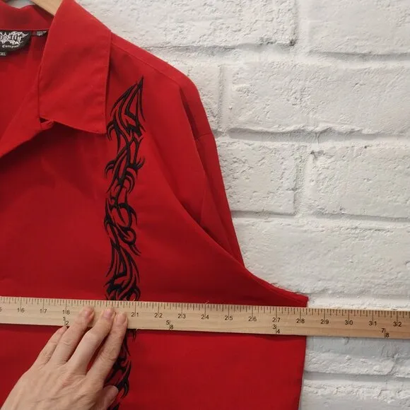 Dragonfly Bowling Camp Shirt Mens XXL Red Black Embroidery Loop Collar Short Slv