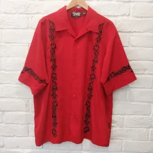 Dragonfly Bowling Camp Shirt Mens XXL Red Black Embroidery Loop Collar Short Slv