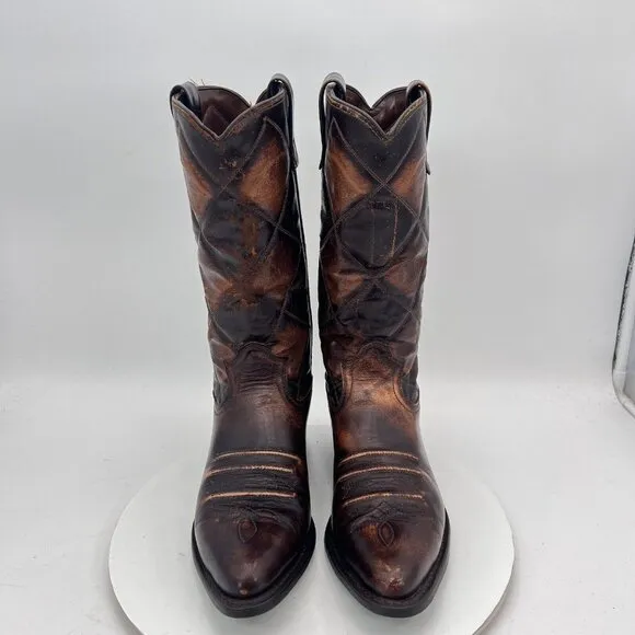Durango Men Size 10D Dark Brown Cross Stitched Leather Western Pull On Boot