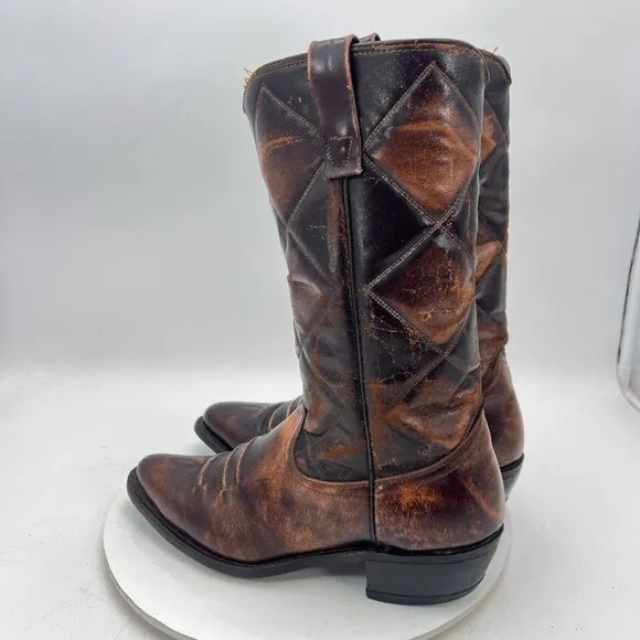 Durango Men Size 10D Dark Brown Cross Stitched Leather Western Pull On Boot