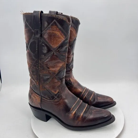 Durango Men Size 10D Dark Brown Cross Stitched Leather Western Pull On Boot