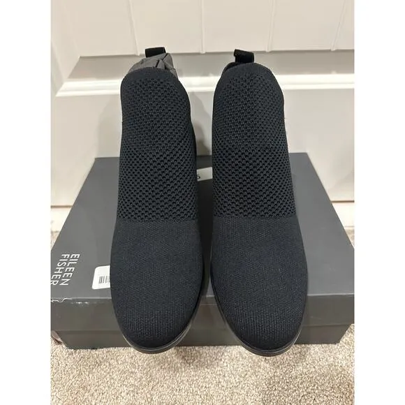 Eileen Fisher Clever Black Stretch Ankle Boot Size 9 NIB Pull On Knit