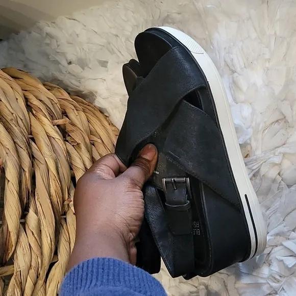 Eileen fisher criss cross leather black wedge Sandals Summer Shoes
